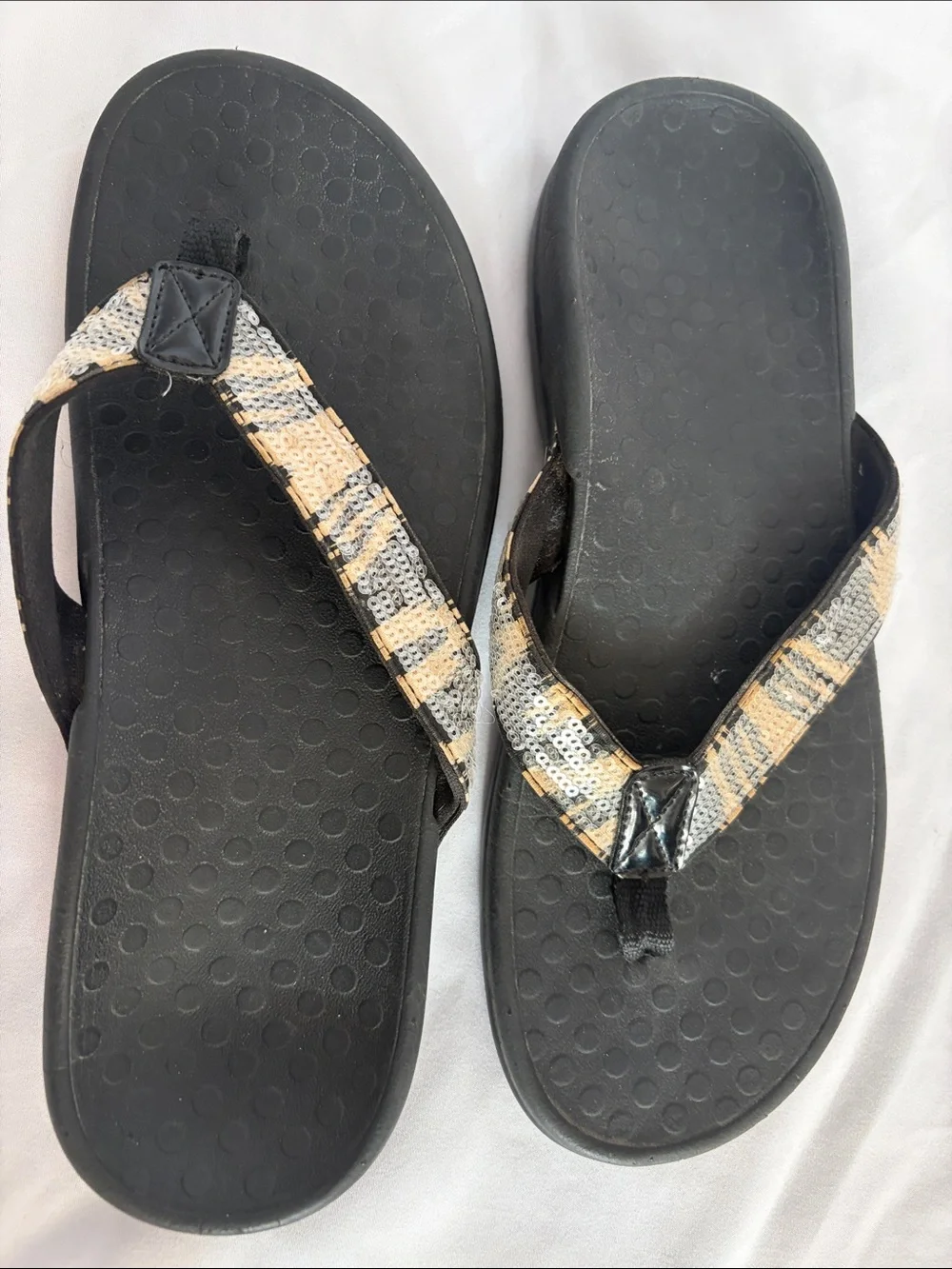 Vionic Black Sandals with Sequined Beige and Tan Straps